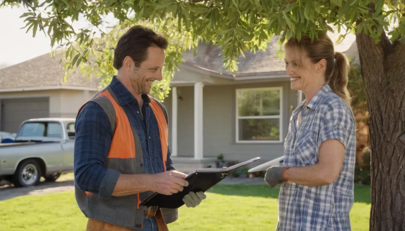 A homeowner reviewing a written tree removal quote with a provider in the Glendora area